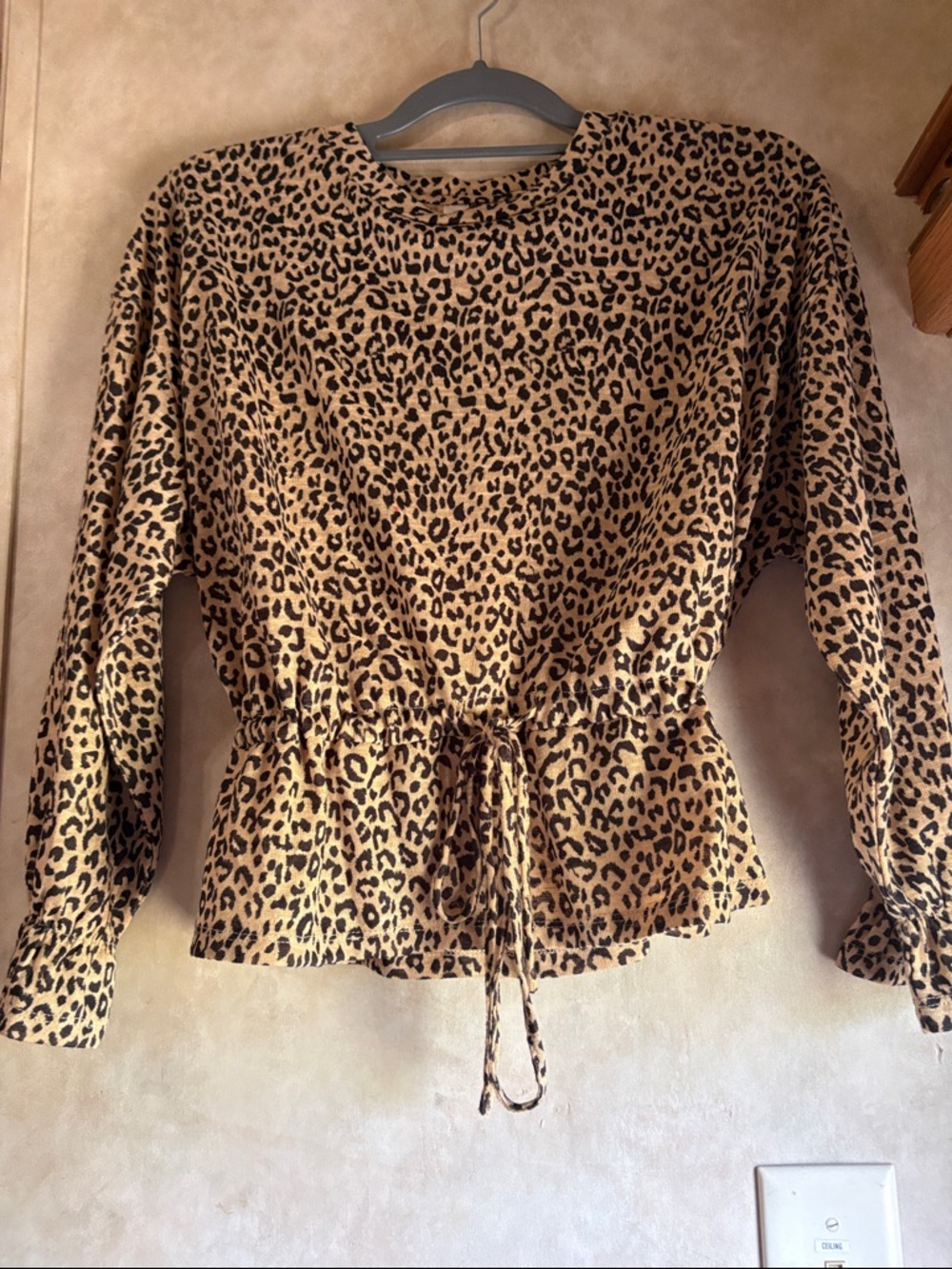 Leopard Print Drawstring Waist Blouse - Tan/Black